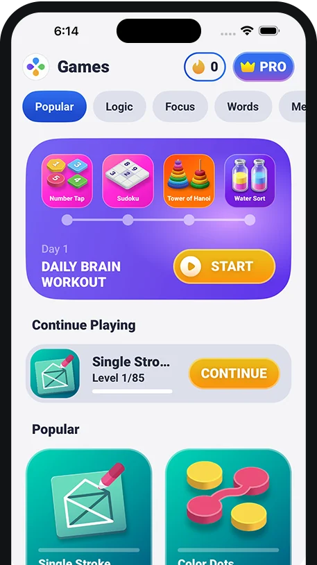 Brain Tasks app screen with daily brain workout games