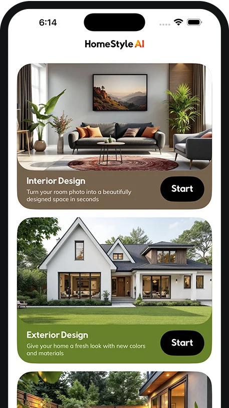 Home Style AI app screen with interior and exterior design tools